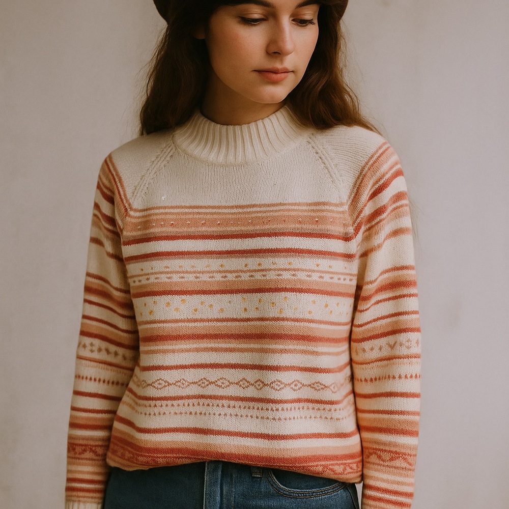 Vintage Women's Fair Isle Knit Striped Sweater in Cream and pink‎
